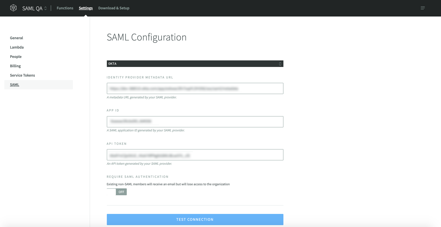 Accounts SAML settings