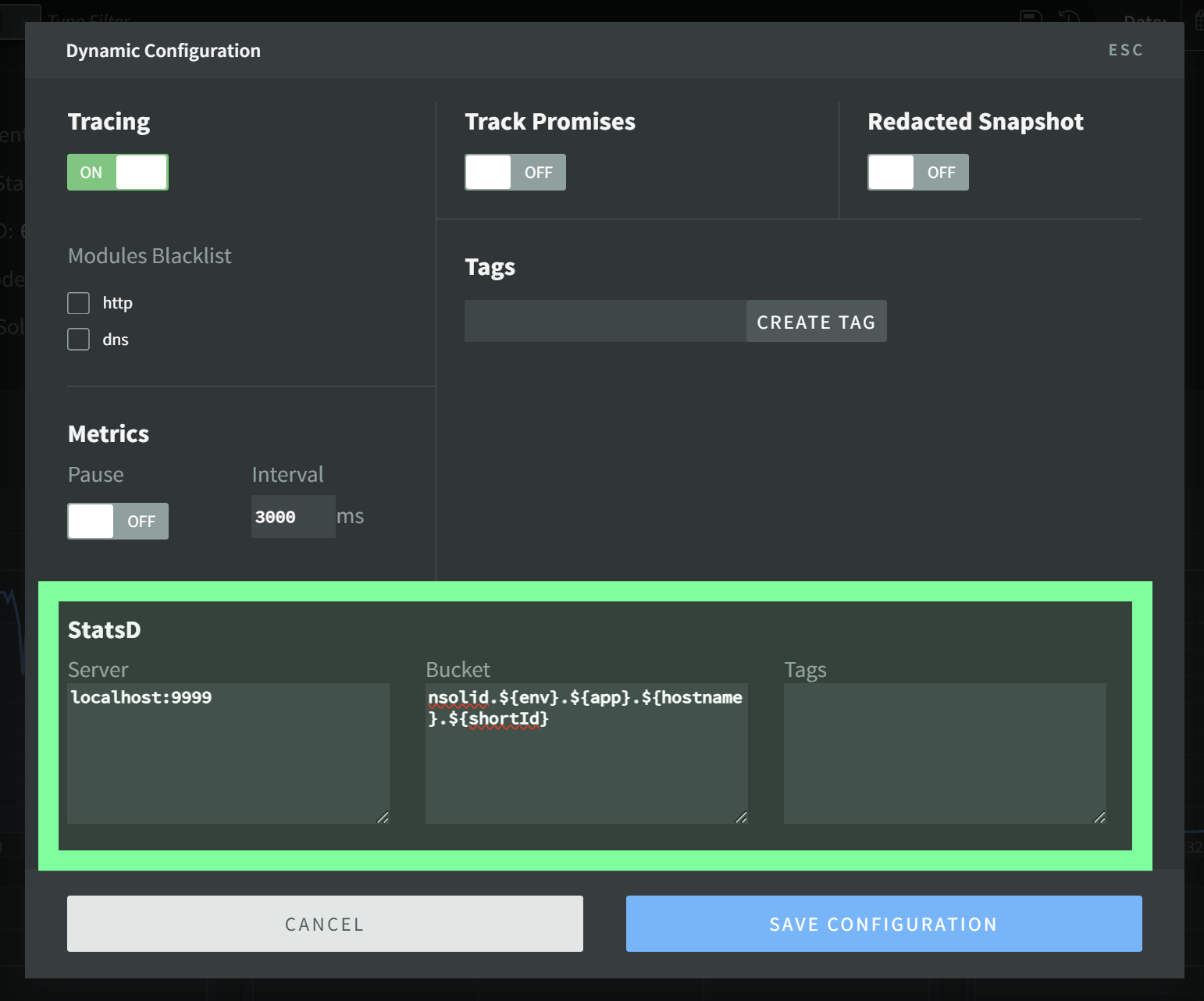 Configuration modal