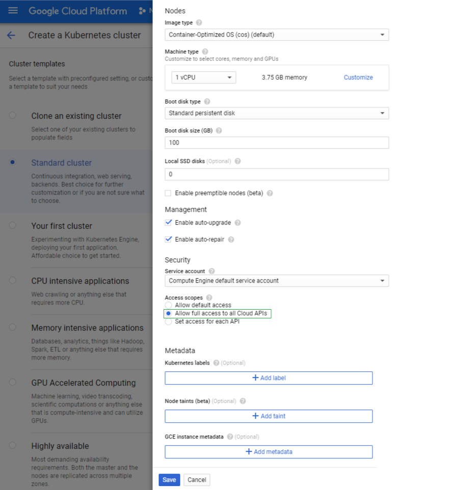 GCP New Cluster Additional Options